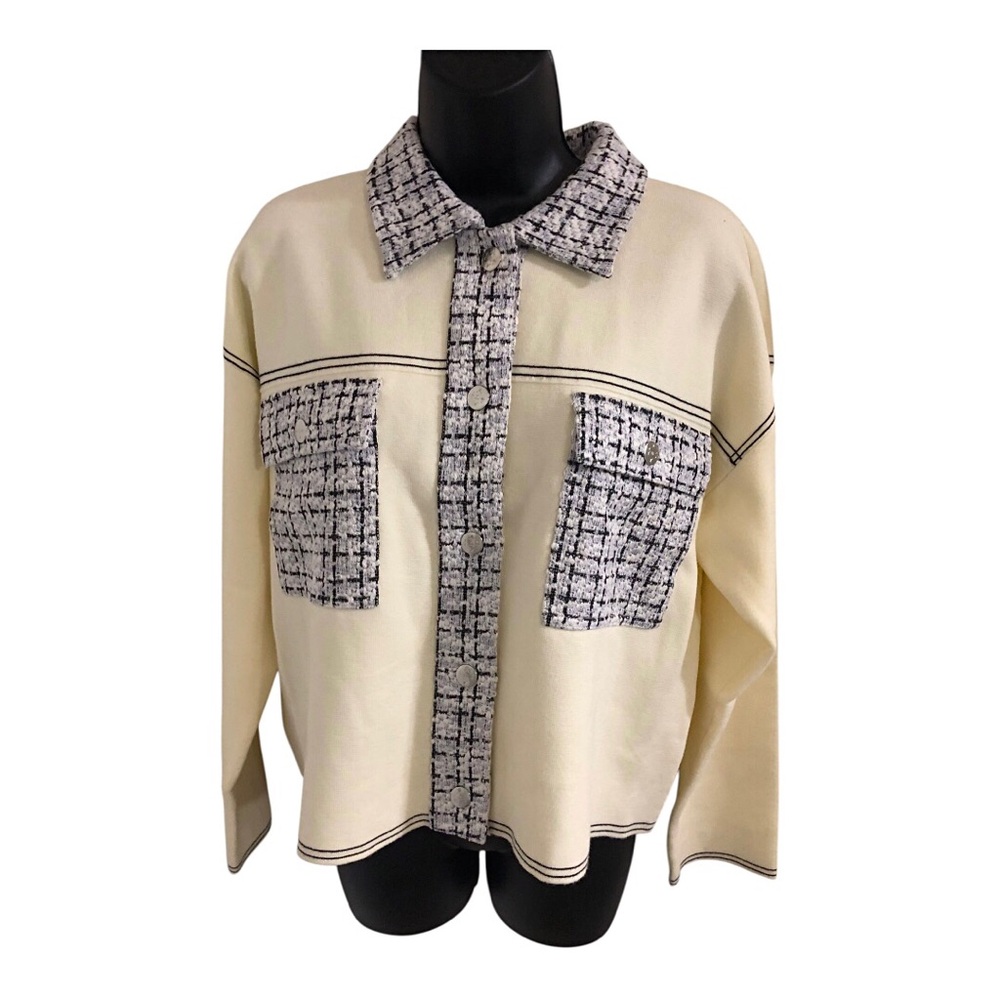 Nanette Lepore cream ecru tweed style detail button down shacket size medium new